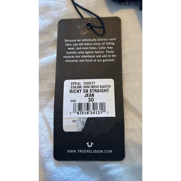 NWT True Religion Jeans Mens 30x34 Ricky SN Straight Red Stitch Dark Indigo Blue - Picture 9 of 12